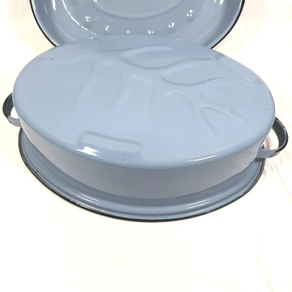 Vintage Enamelware Oval Roasting Pan with Lid Blue Farmhouse Large 16.5in Roastr